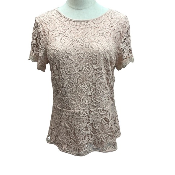 Adrianna Papell Women's Latte Lace Overlay Peplum Blouse Top Size M Beige - Picture 3 of 12